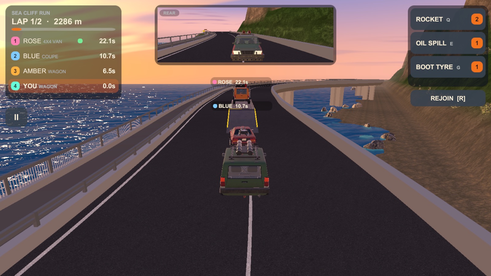 Racing behind the rig over the sea bridge at Sea Cliff Run at sunrise